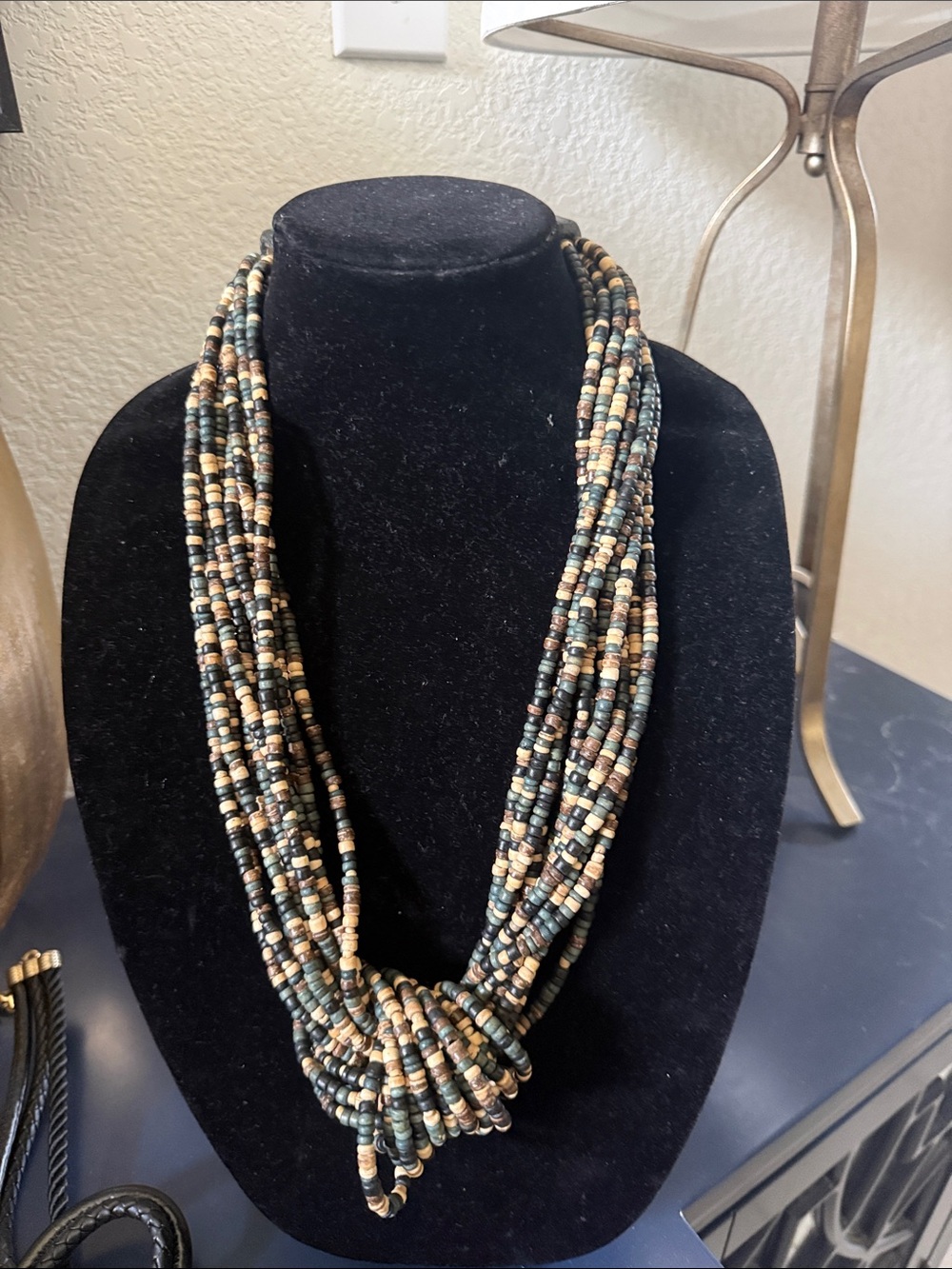 Multi-Strand Beaded Knot Necklace in Green and Tan